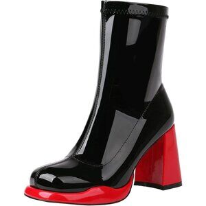 Women's Red Square Toe Mid Calf Side Zippers Comfort Ankle Chunky Heel Boots